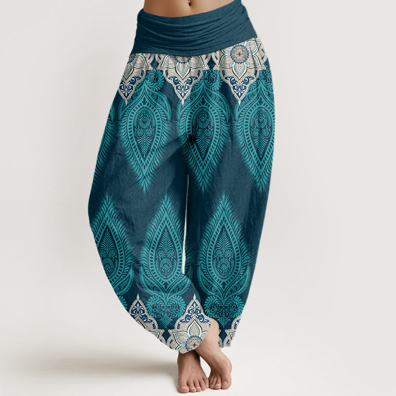 Buddha Stones Lässige Haremshose für Damen mit Feder- und Blumen-Design und elastischer Taille - Dunkeltürkis - US22， UK/AU26，EU54 (6XL) - image 1