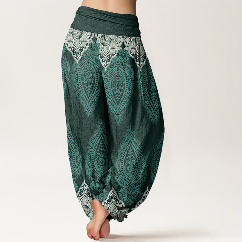 Lässige Haremshose aus Baumwolle mit Buddha Stones , Feder- und Blumenmuster sowie elastischem Bund für Damen. - image 6