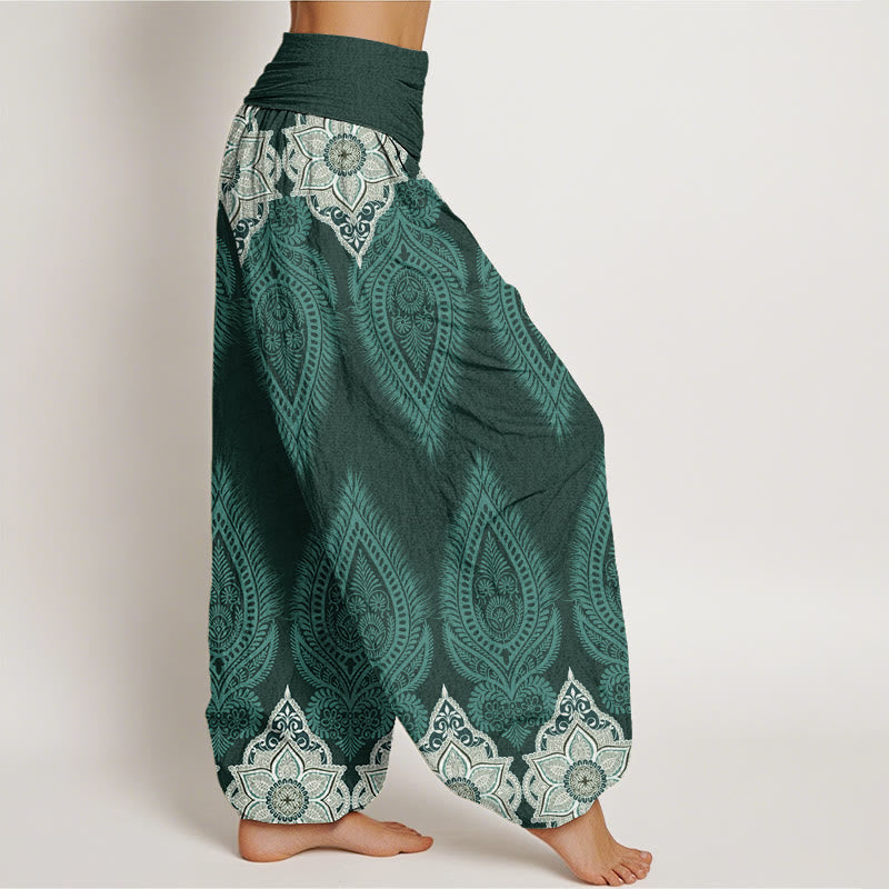 Lässige Haremshose aus Baumwolle mit Buddha Stones , Feder- und Blumenmuster sowie elastischem Bund für Damen. - image 5