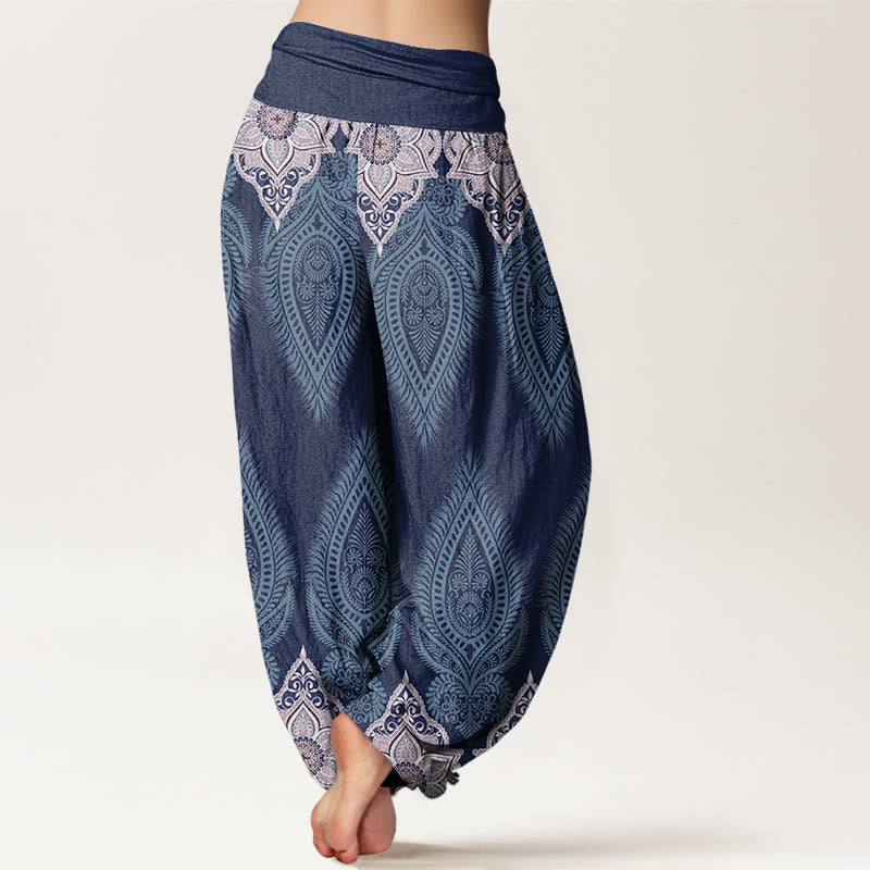Lässige Haremshose aus Baumwolle mit Buddha Stones , Feder- und Blumenmuster sowie elastischem Bund für Damen. - image 9