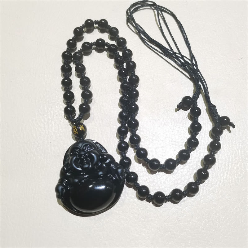 Buddha Stones Naturale Schwarze Obsidian Eis Obsidian Lachender Buddha Reinigungs-Halskette Anhänger