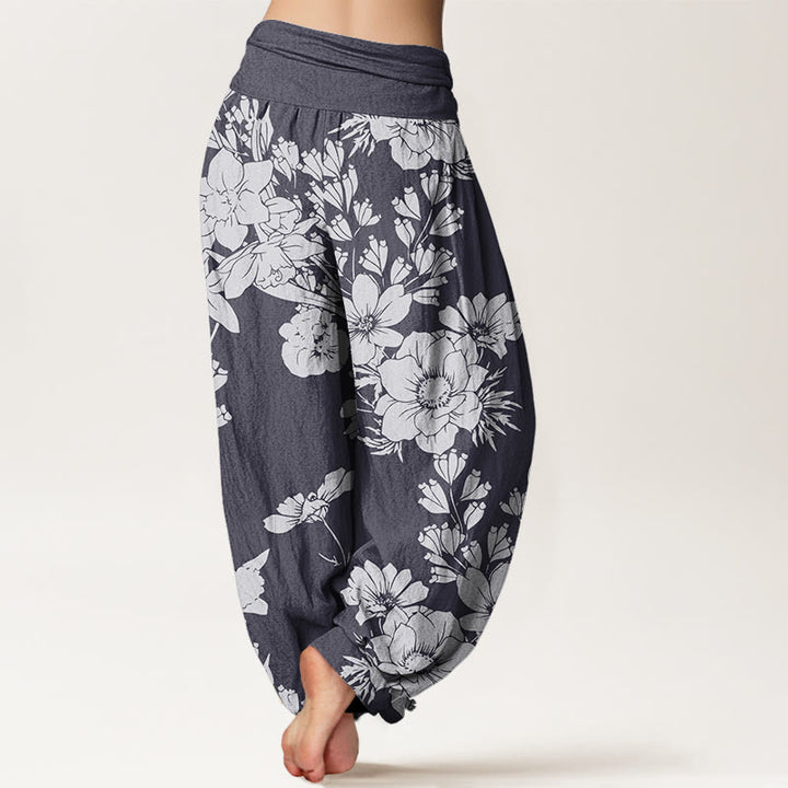 Buddha Stones Lässige Haremshose mit Pfingstrosenblüten und Blättern für Damen, elastische Taille - image 2