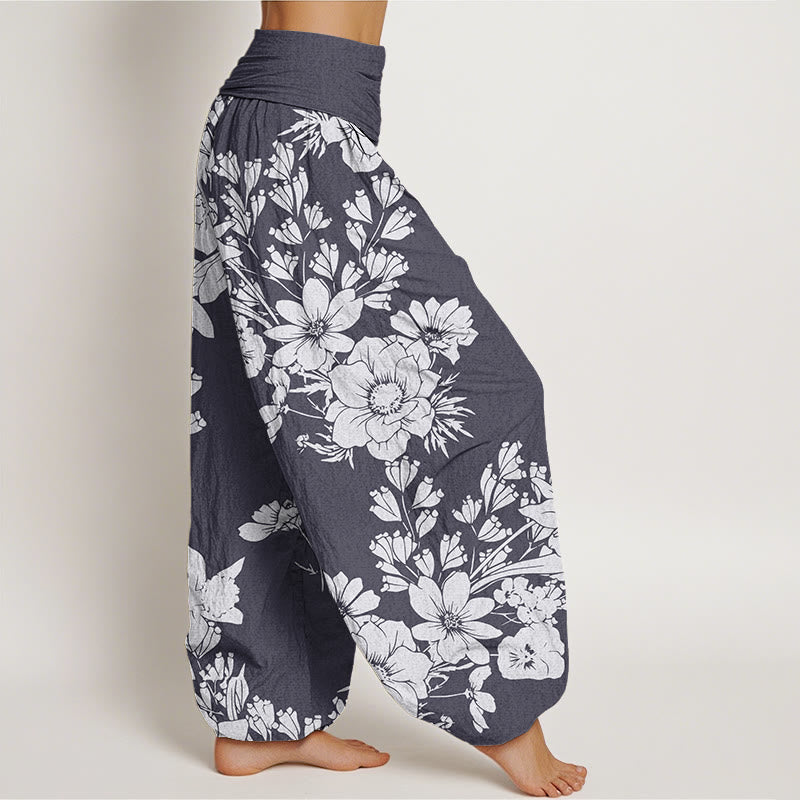 Buddha Stones Lässige Haremshose mit Pfingstrosenblüten und Blättern für Damen, elastische Taille - image 1