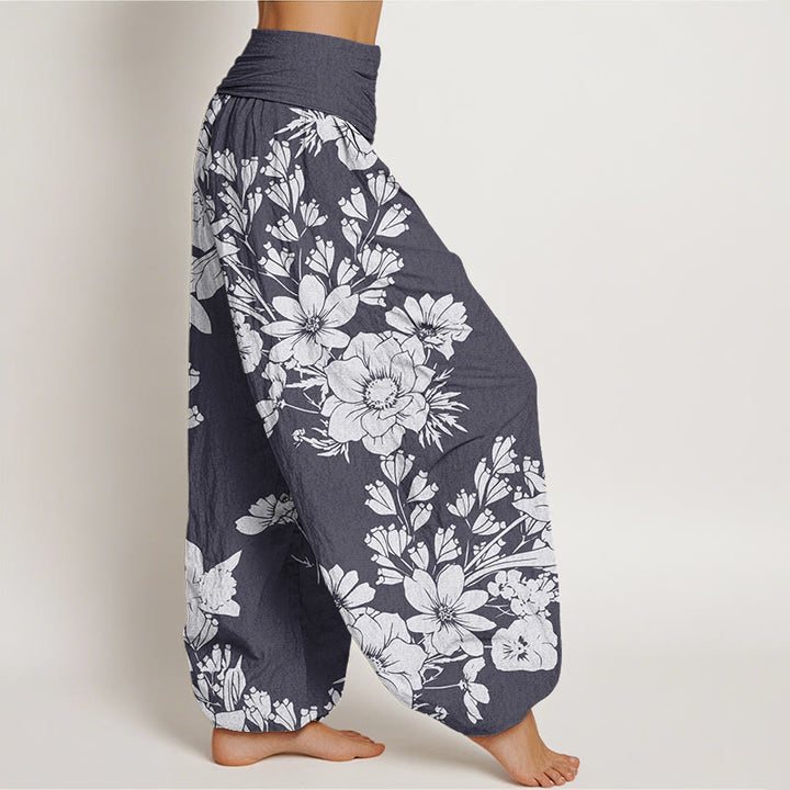 Buddha Stones Lässige Haremshose mit Pfingstrosenblüten und Blättern für Damen, elastische Taille - image 1