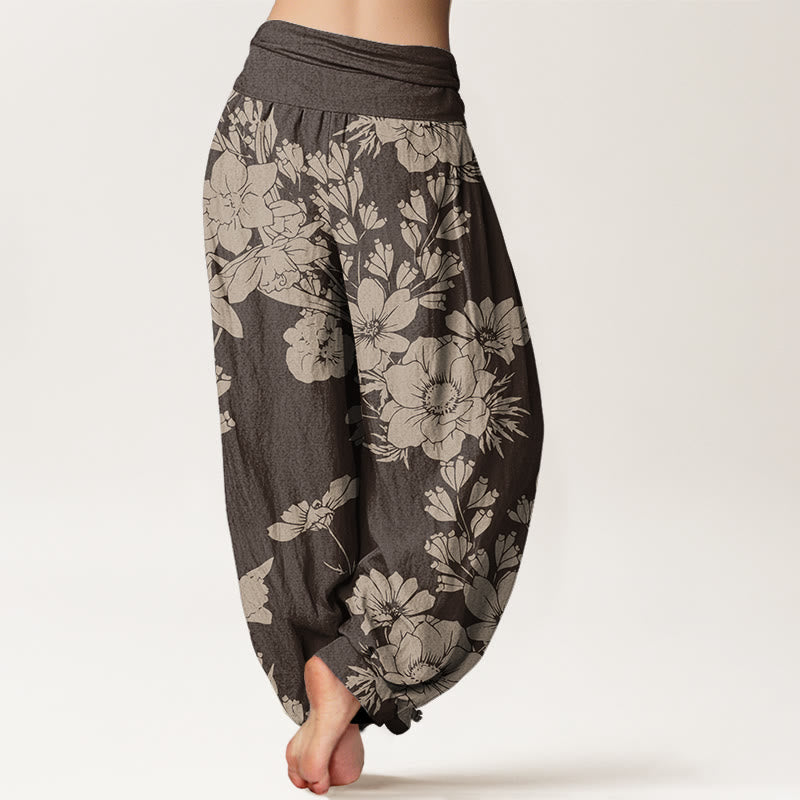 Buddha Stones Lässige Haremshose mit Pfingstrosenblüten und Blättern für Damen, elastische Taille - image 7