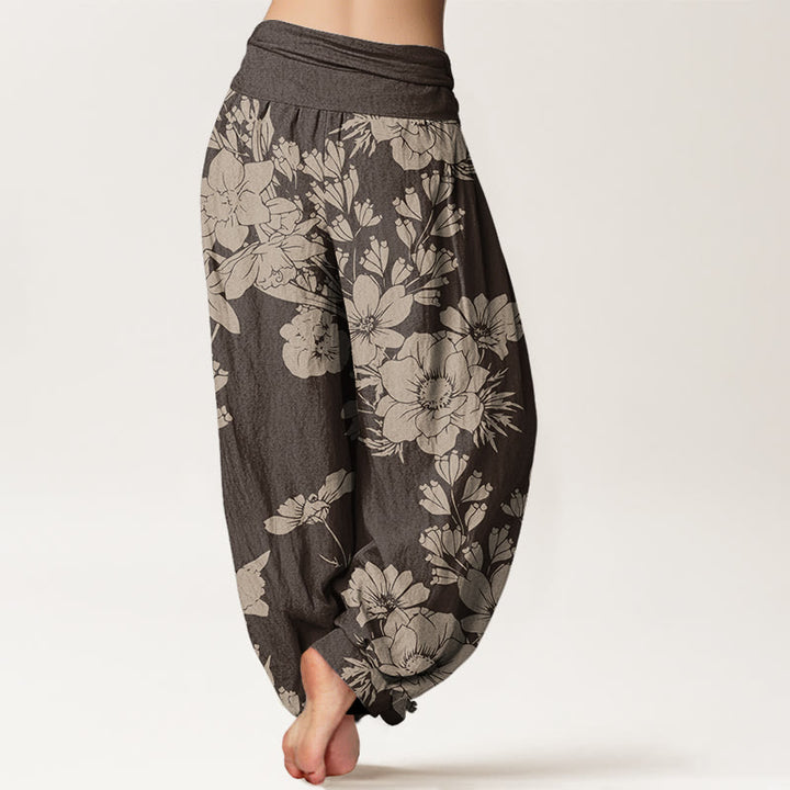 Buddha Stones Lässige Haremshose mit Pfingstrosenblüten und Blättern für Damen, elastische Taille - image 7