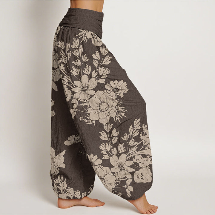Buddha Stones Lässige Haremshose mit Pfingstrosenblüten und Blättern für Damen, elastische Taille - image 6