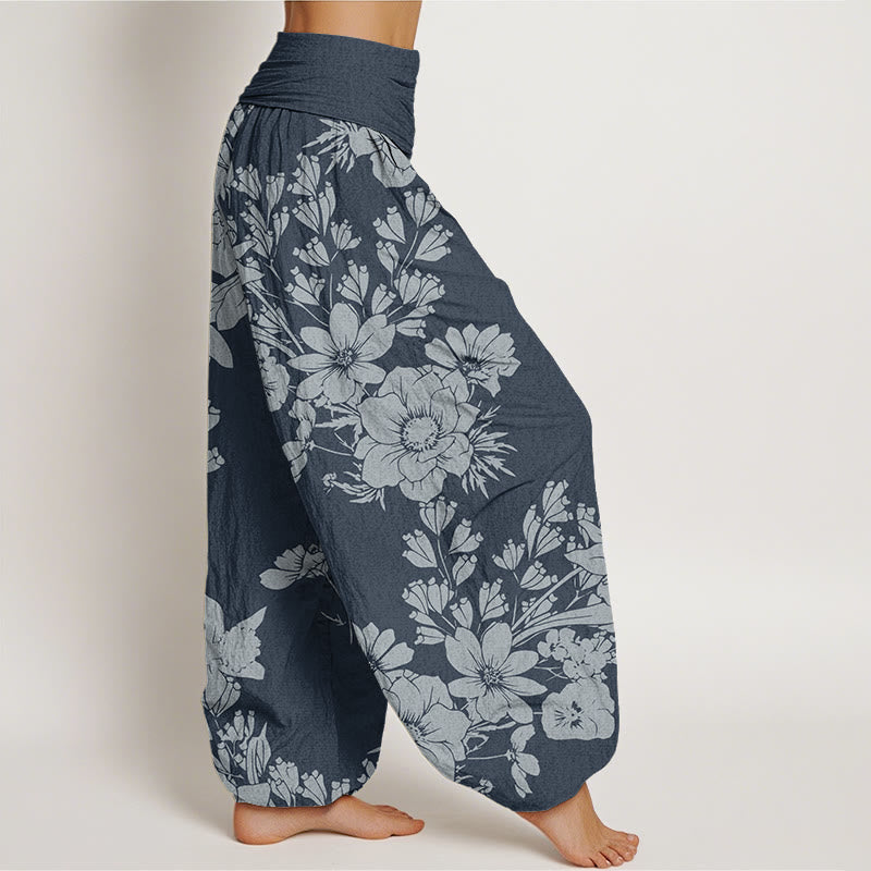 Buddha Stones Lässige Haremshose mit Pfingstrosenblüten und Blättern für Damen, elastische Taille - image 9