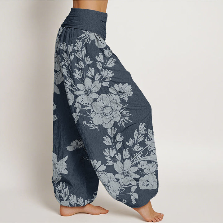 Buddha Stones Lässige Haremshose mit Pfingstrosenblüten und Blättern für Damen, elastische Taille - image 9