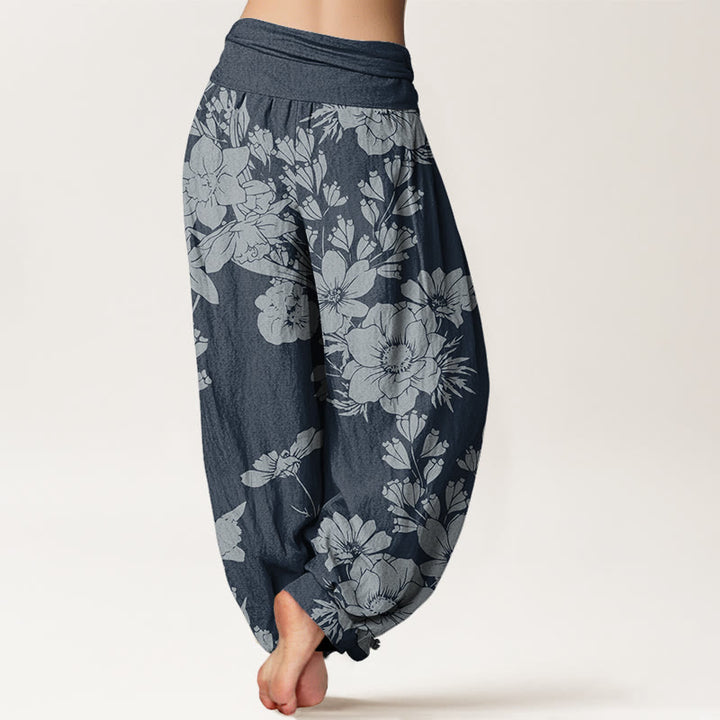 Buddha Stones Lässige Haremshose mit Pfingstrosenblüten und Blättern für Damen, elastische Taille - image 10