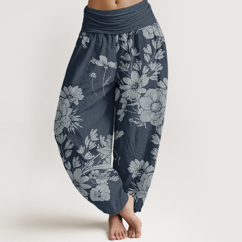 Buddha Stones Lässige Haremshose mit Pfingstrosenblüten und Blättern für Damen, elastische Taille - SteelBlue - US22, UK/AU26, EU54 (6XL) - image 8