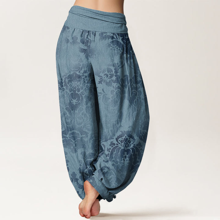 Lässige Haremshose mit Blumen- und Blätter-Design für Damen mit elastischer Taille und Buddha Stones