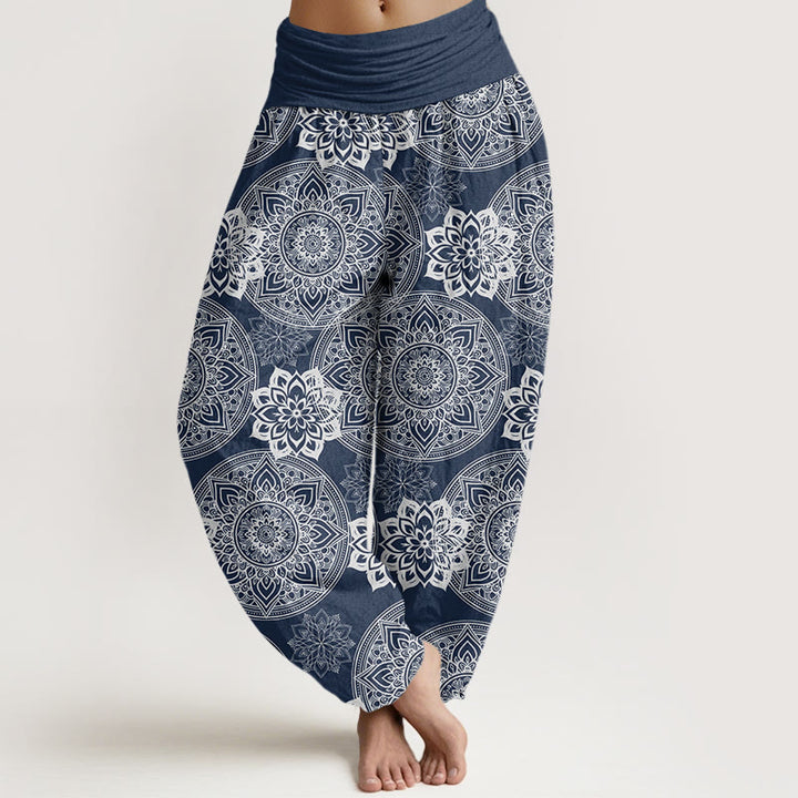 Buddha Stones Haremshose mit rundem Mandala-Blumen-Design und elastischer Taille für Damen