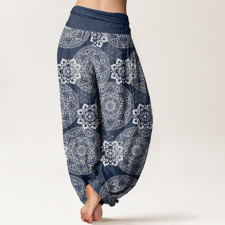 Buddha Stones Haremshose mit rundem Mandala-Blumen-Design und elastischer Taille für Damen