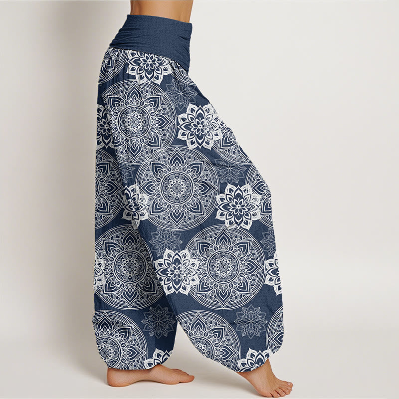 Buddha Stones Haremshose mit rundem Mandala-Blumen-Design und elastischer Taille für Damen