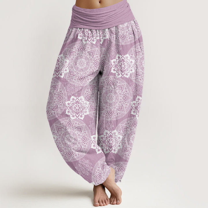 Buddha Stones Haremshose mit rundem Mandala-Blumen-Design und elastischer Taille für Damen