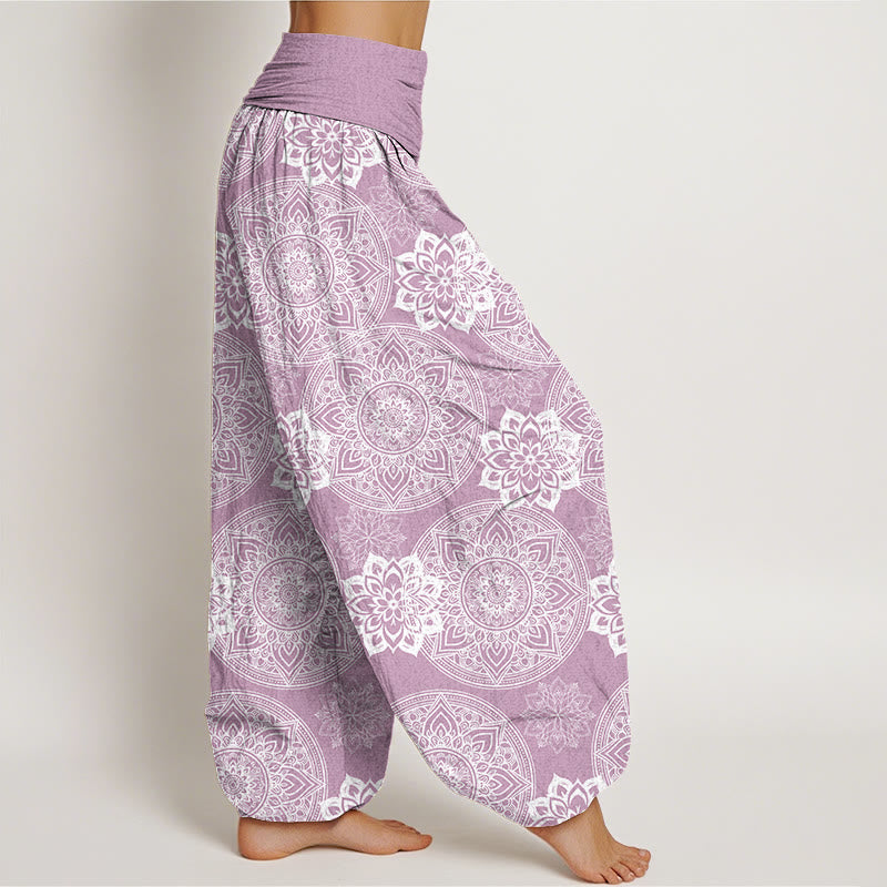 Buddha Stones Haremshose mit rundem Mandala-Blumen-Design und elastischer Taille für Damen