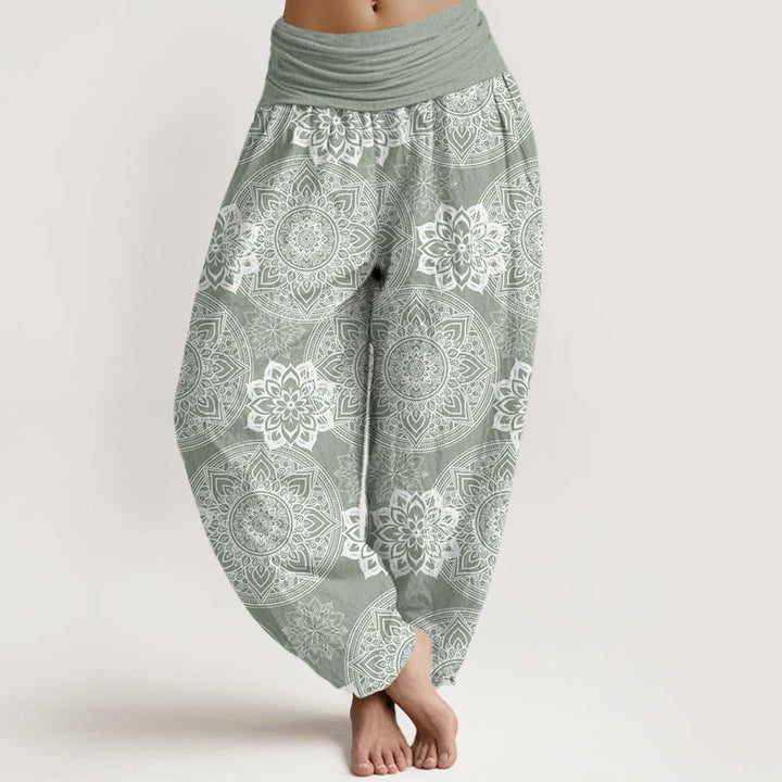 Buddha Stones Haremshose mit rundem Mandala-Blumen-Design und elastischer Taille für Damen