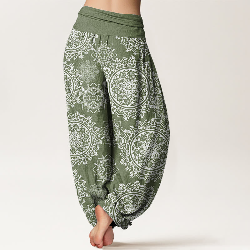 Buddha Stones Baumwoll-Haremshose mit weißem Mandala-Blumenmuster und elastischem Bund für Damen - image 2