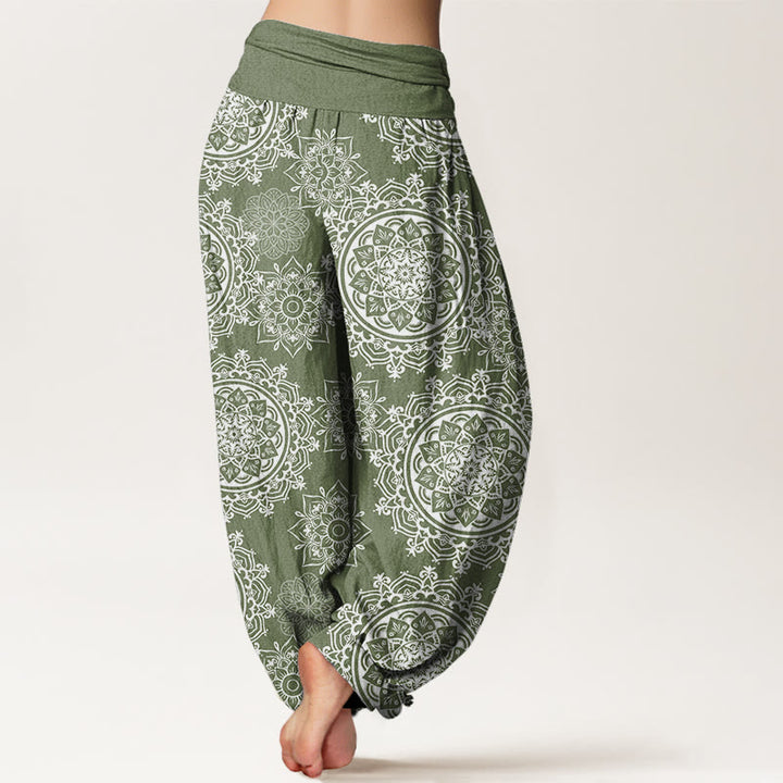 Buddha Stones Baumwoll-Haremshose mit weißem Mandala-Blumenmuster und elastischem Bund für Damen - image 2