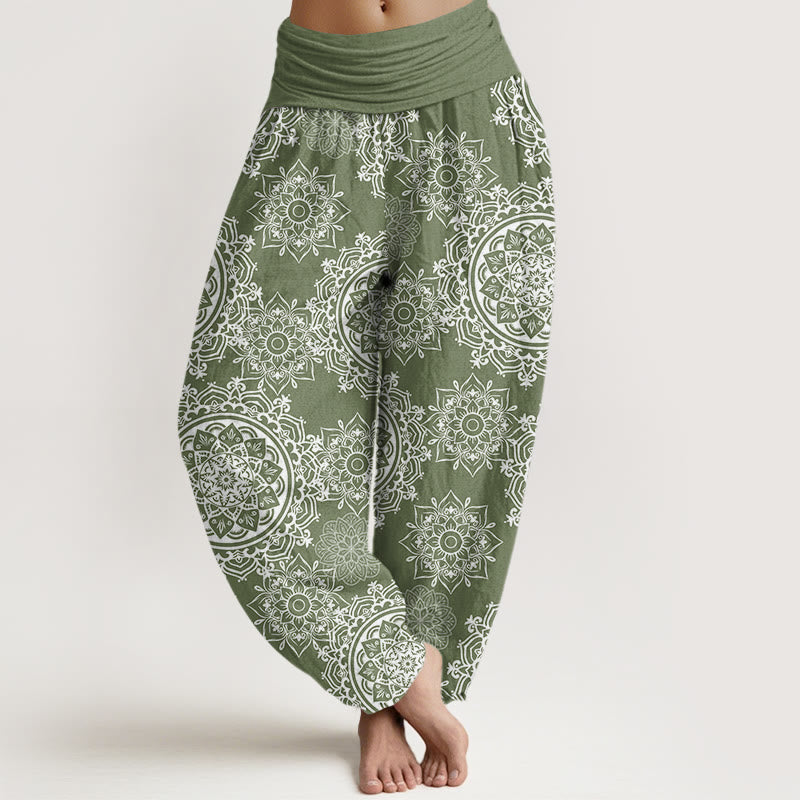 Buddha Stones Baumwoll-Haremshose mit weißem Mandala-Blumenmuster und elastischem Bund für Damen - Dunkelseegrün - US22, UK/AU26, EU54 (6XL) - image 0