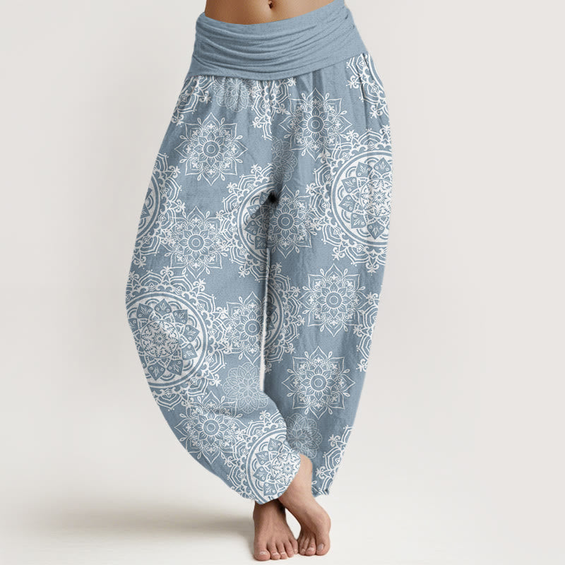 Buddha Stones Baumwoll-Haremshose mit weißem Mandala-Blumenmuster und elastischem Bund für Damen - Hellblau - US22, UK/AU26, EU54 (6XL) - image 4