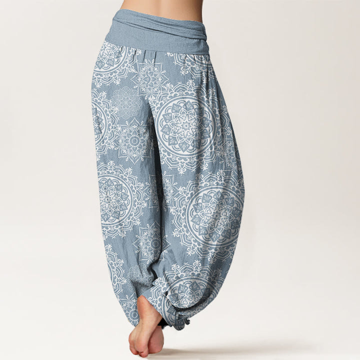 Lässige Haremshose mit weißem Mandala-Blumen-Design von Buddha Stones für Damen mit elastischer Taille - image 7
