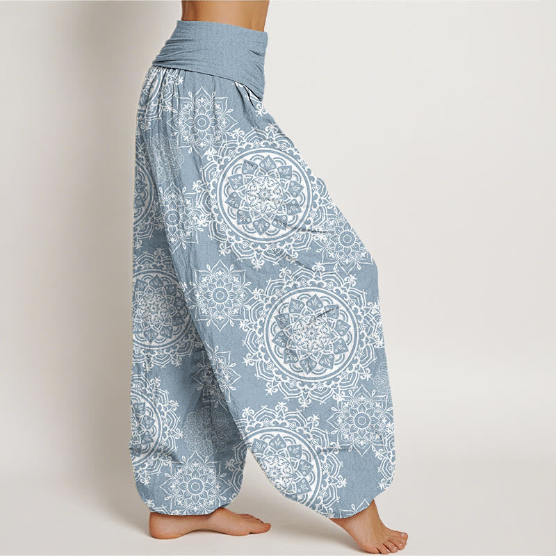 Lässige Haremshose mit weißem Mandala-Blumen-Design von Buddha Stones für Damen mit elastischer Taille - image 6