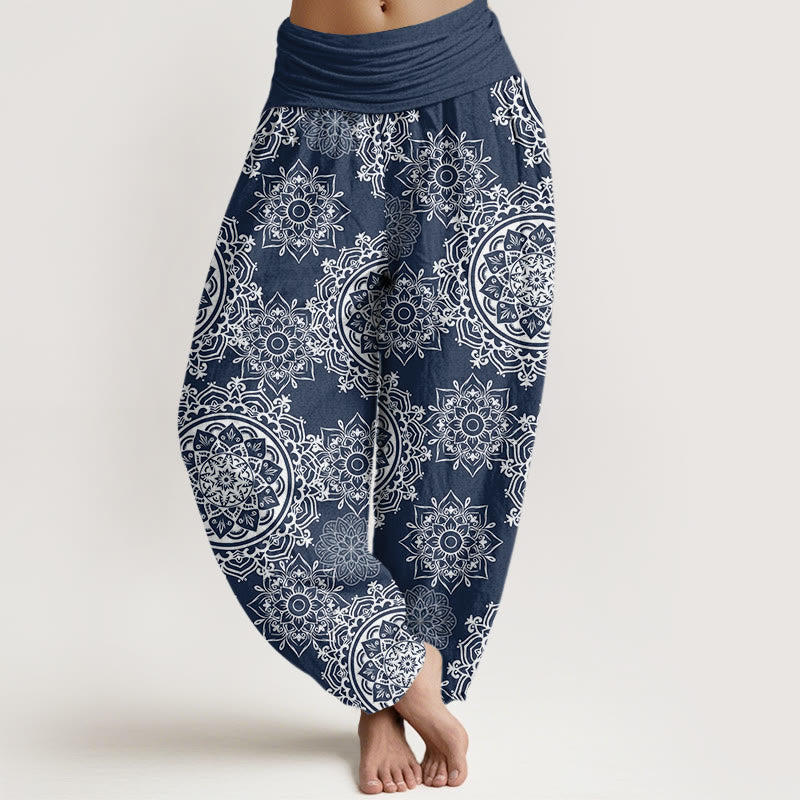 Lässige Haremshose mit weißem Mandala-Blumen-Design von Buddha Stones für Damen mit elastischer Taille - Stahlblau - US22， UK/AU26，EU54 (6XL) - image 8