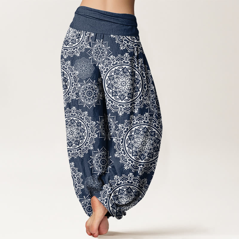 Buddha Stones Baumwoll-Haremshose mit weißem Mandala-Blumenmuster und elastischem Bund für Damen - image 9