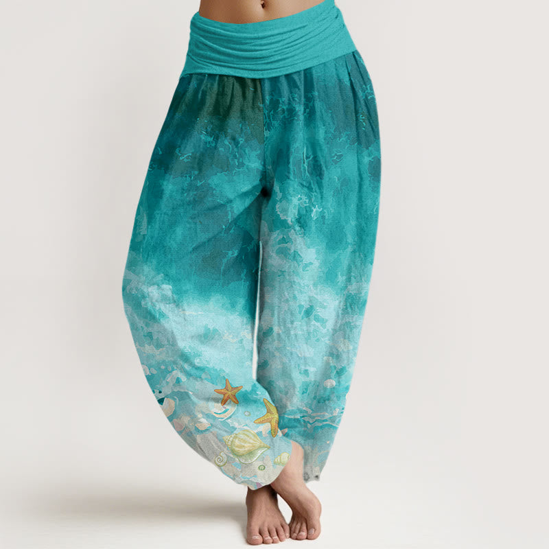 Baumwoll-Haremshose mit Buddha Stones und Ozeanmuster, elastischer Bund, Damen - Hellseegrün - US22, UK/AU26, EU54 (6XL) - image 0