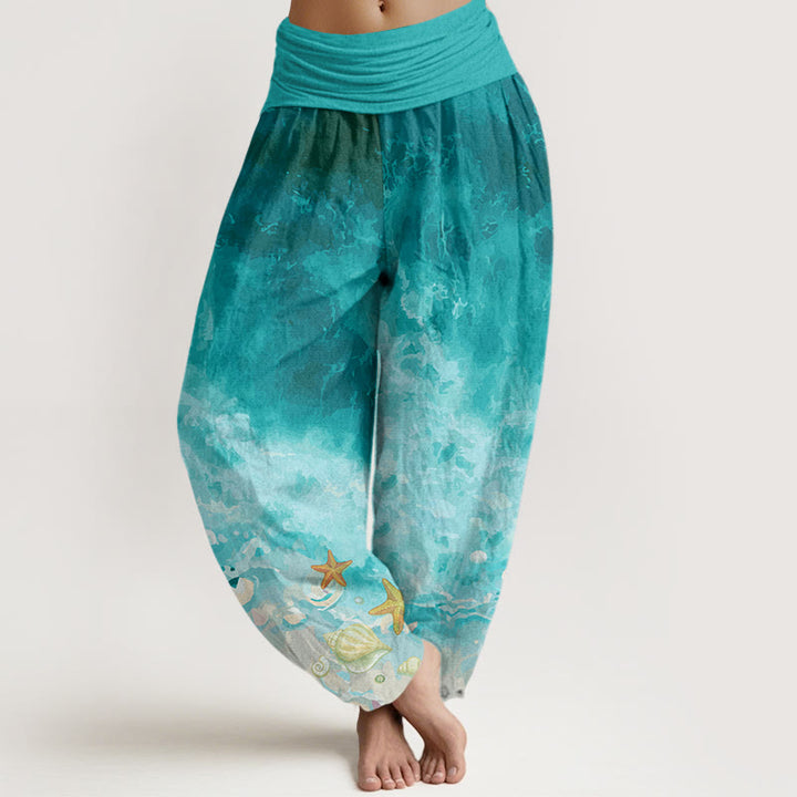 Baumwoll-Haremshose mit Buddha Stones und Ozeanmuster, elastischer Bund, Damen - Hellseegrün - US22, UK/AU26, EU54 (6XL) - image 0