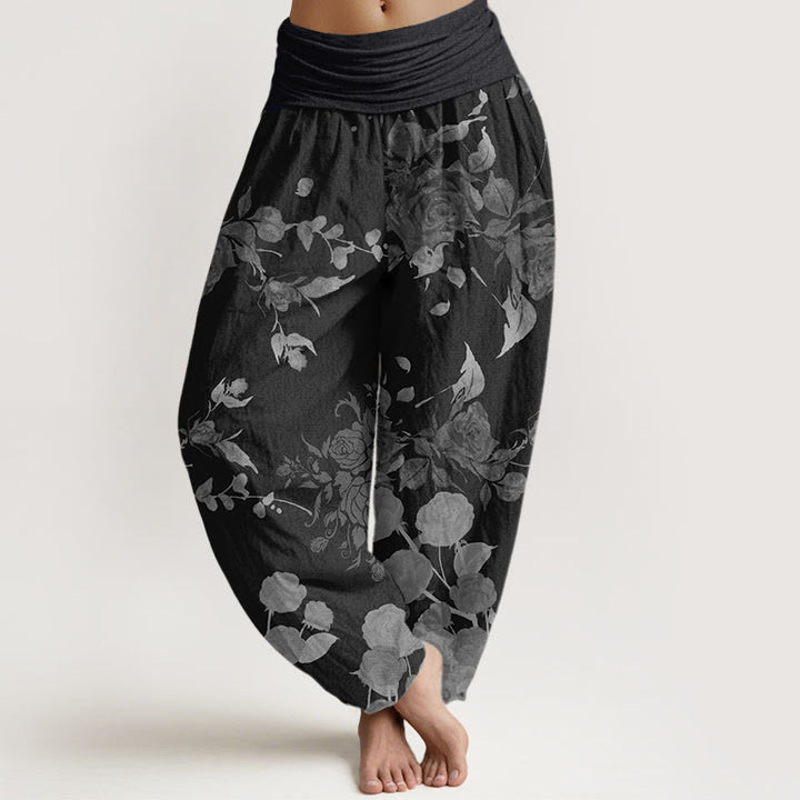 Haremshose mit elastischem Bund für Damen mit Buddha Stones und blühenden Blumen-Muster - Schwarz - US22, UK/AU26, EU54 (6XL) - image 0