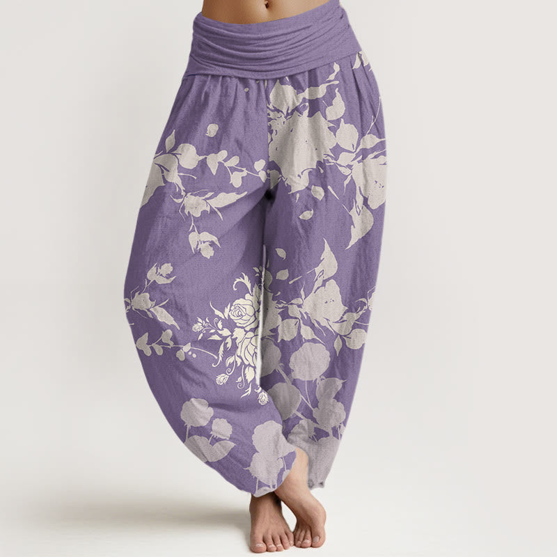 Haremshose mit elastischem Bund für Damen mit Buddha Stones und blühenden Blumen-Muster - Pflaume - US22, UK/AU26, EU54 (6XL) - image 8