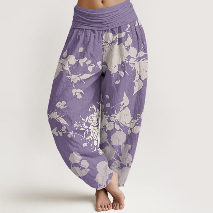 Haremshose mit elastischem Bund für Damen mit Buddha Stones und blühenden Blumen-Muster - Pflaume - US22, UK/AU26, EU54 (6XL) - image 8