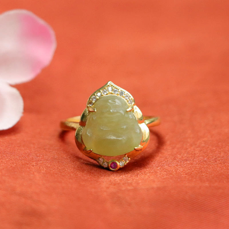 Buddha Stones Natürliche Hetian Jade Ei Kürbis Kupfer Lachender Buddha Offenen Glück Ring