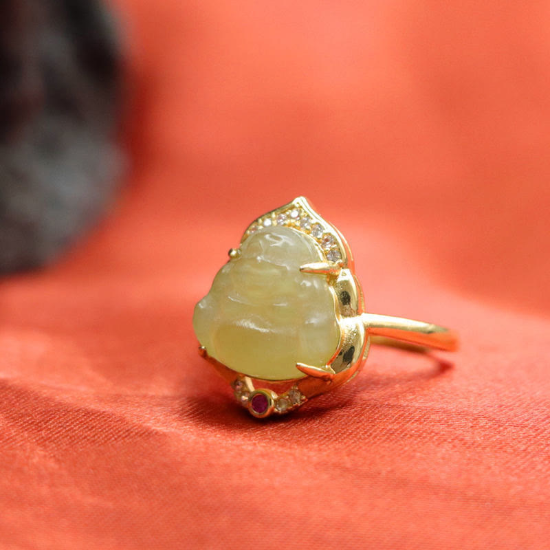 Buddha Stones Natürliche Hetian Jade Ei Kürbis Kupfer Lachender Buddha Offenen Glück Ring