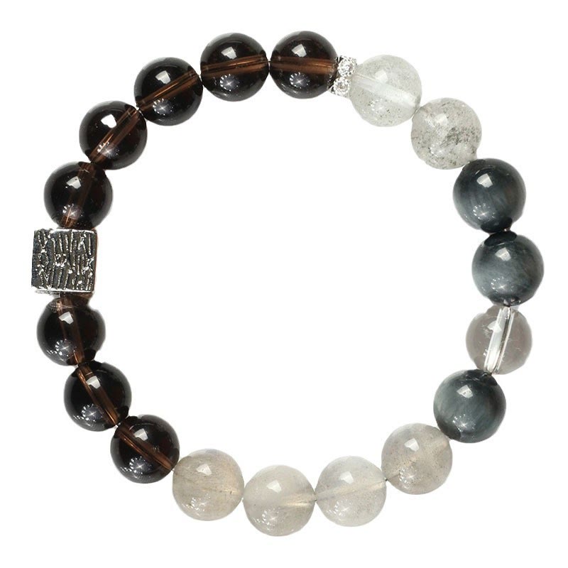 Buddha Stones Armband mit schwarzem Obsidian und schwarzem Rutilquarz, Mondsteinwürfel, Stärke