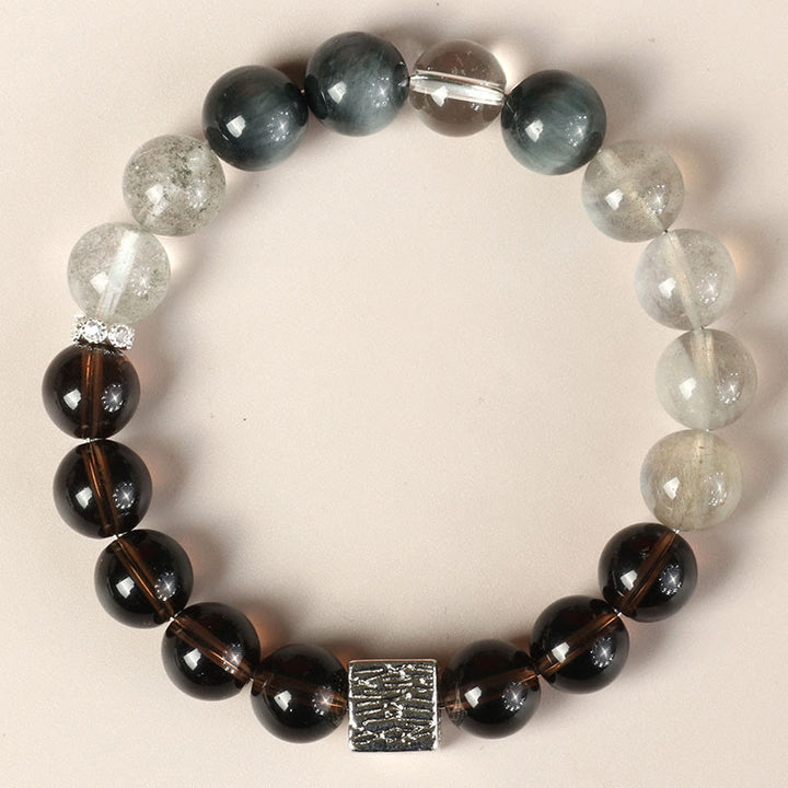 Buddha Stones Armband mit schwarzem Obsidian und schwarzem Rutilquarz, Mondsteinwürfel, Stärke