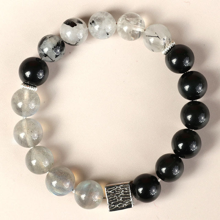 Buddha Stones Armband mit schwarzem Obsidian und schwarzem Rutilquarz, Mondsteinwürfel, Stärke