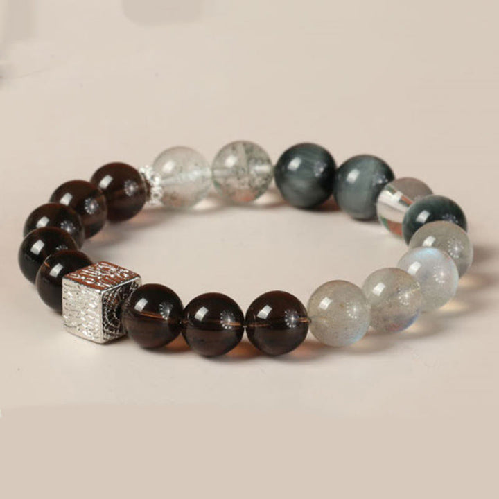 Buddha Stones Armband mit schwarzem Obsidian und schwarzem Rutilquarz, Mondsteinwürfel, Stärke