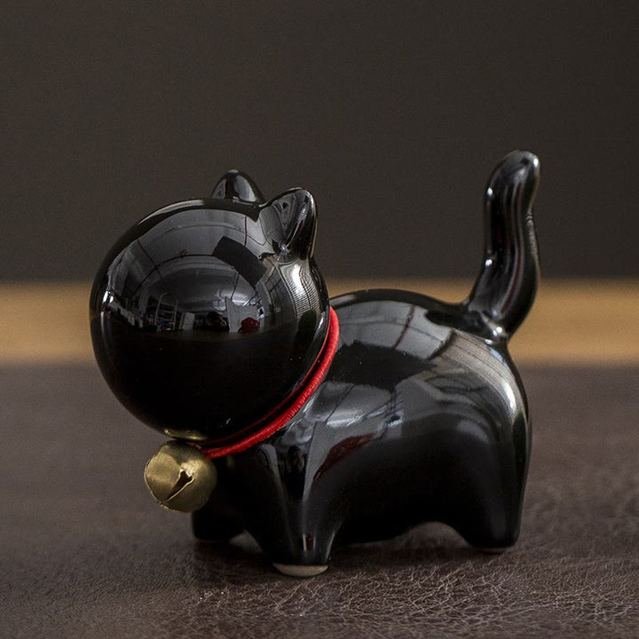 Buddha Stones ​​Mini süße Glück Glocke Katze Tee Haustier Keramik Hause Schreibtisch Figur Dekoration - Glückskatze Schwarz 7*3.4*5.8cm - image 12