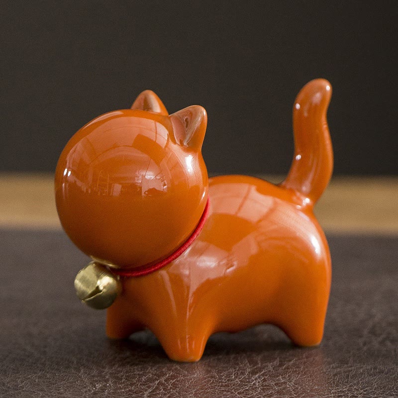 Buddha Stones ​​Mini süße Glück Glocke Katze Tee Haustier Keramik Hause Schreibtisch Figur Dekoration - Glückskatze Orange 7*3.4*5.8cm - image 11