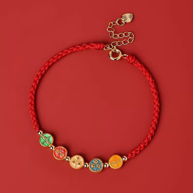 Armband mit Buddha Stones und roter Schnur, 925er Sterlingsilber, fünf Wege, Verbindung zum Gott des Reichtums - Rotes Band (Handgelenkumfang: 13-18 cm) - image 0