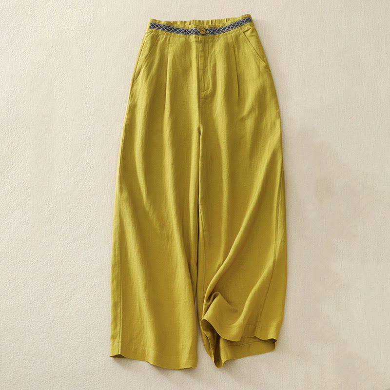 Buddha Stones - Einfarbige Damenhose aus elastischem Baumwollleinen mit Knopfleiste vorne und Taschen - Gelb - US8-10， UK/AU12-14，EU40-42 (2XL) - image 10