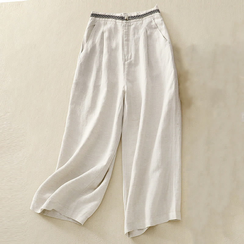 Buddha Stones - Einfarbige Damenhose aus elastischem Baumwollleinen mit Knopfleiste vorne und Taschen - Beige - US8-10， UK/AU12-14，EU40-42 (2XL) - image 0