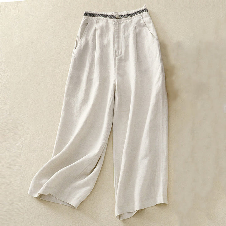 Buddha Stones - Einfarbige Damenhose aus elastischem Baumwollleinen mit Knopfleiste vorne und Taschen - Beige - US8-10， UK/AU12-14，EU40-42 (2XL) - image 0