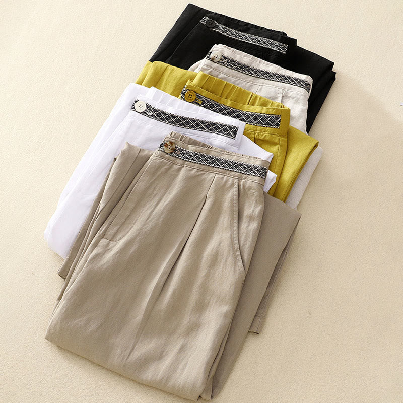 Buddha Stones - Einfarbige Damenhose aus elastischem Baumwollleinen mit Knopfleiste vorne und Taschen - image 1