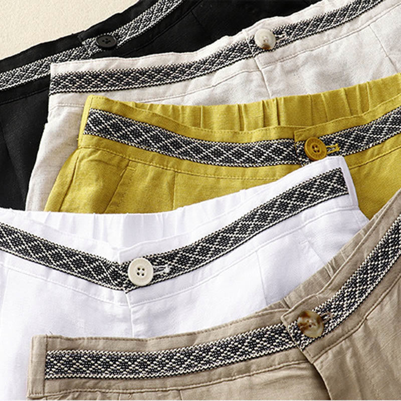 Buddha Stones - Einfarbige Damenhose aus elastischem Baumwollleinen mit Knopfleiste vorne und Taschen - image 2