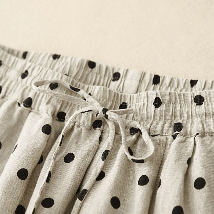 Buddha Stones Lässige schwarze gepunktete Damenhose aus Baumwollleinen mit Kordelzug und Taschen - image 3